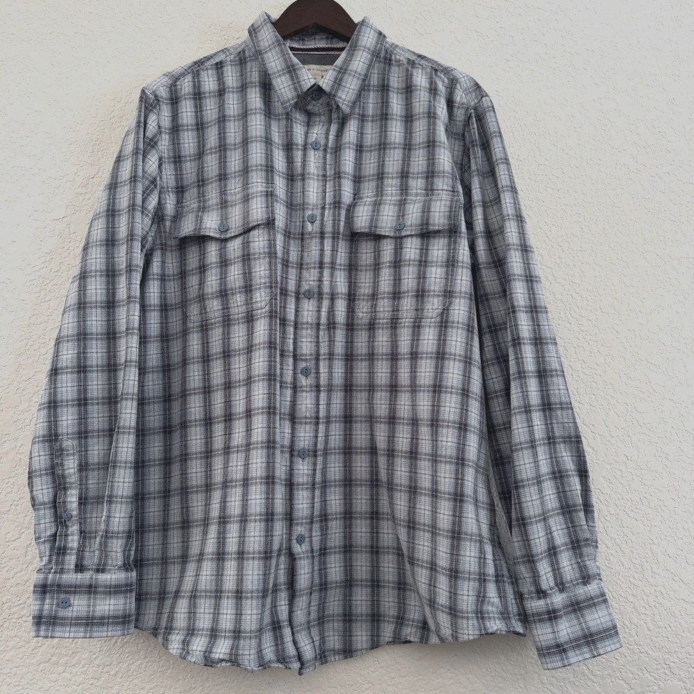 Sun & Stone Blue Grey Plaid Corduroy Button Front Long Sleeve Shirt Men's XL